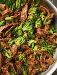 beef broccoli stir fry in skillet