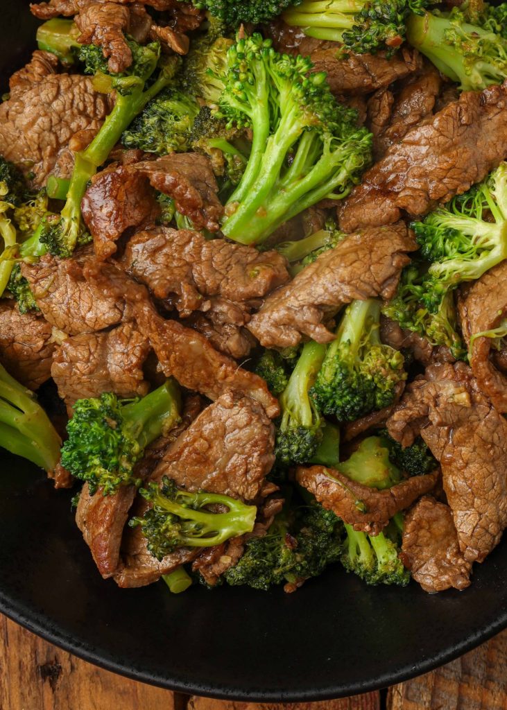 beef and broccoli in skillet
