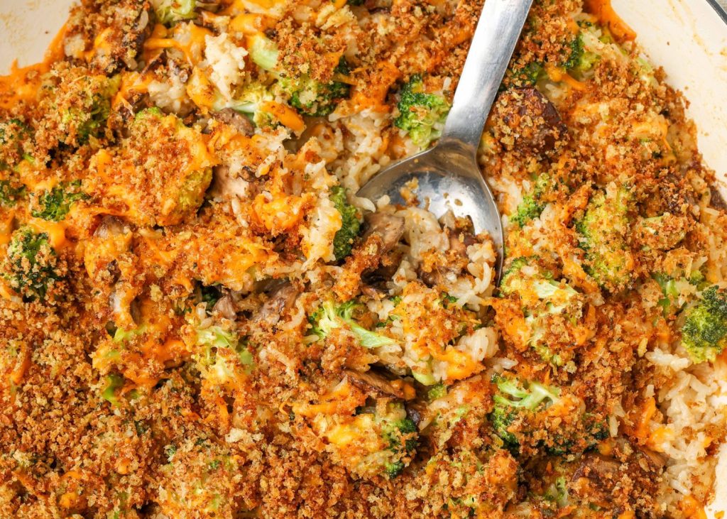 broccoli, mushrooms, rice, cheese with crispy topping casserole