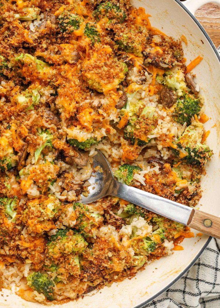 Broccoli Mushroom Casserole with crumb topping