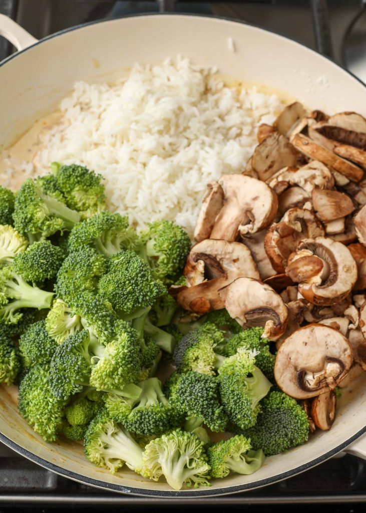 broccoli, mushroom, rice in skillet
