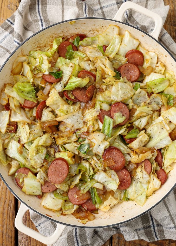 Cabbage and Sausage skillet on linen