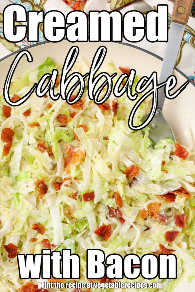 cabbage and bacon in large white skillet with spoon