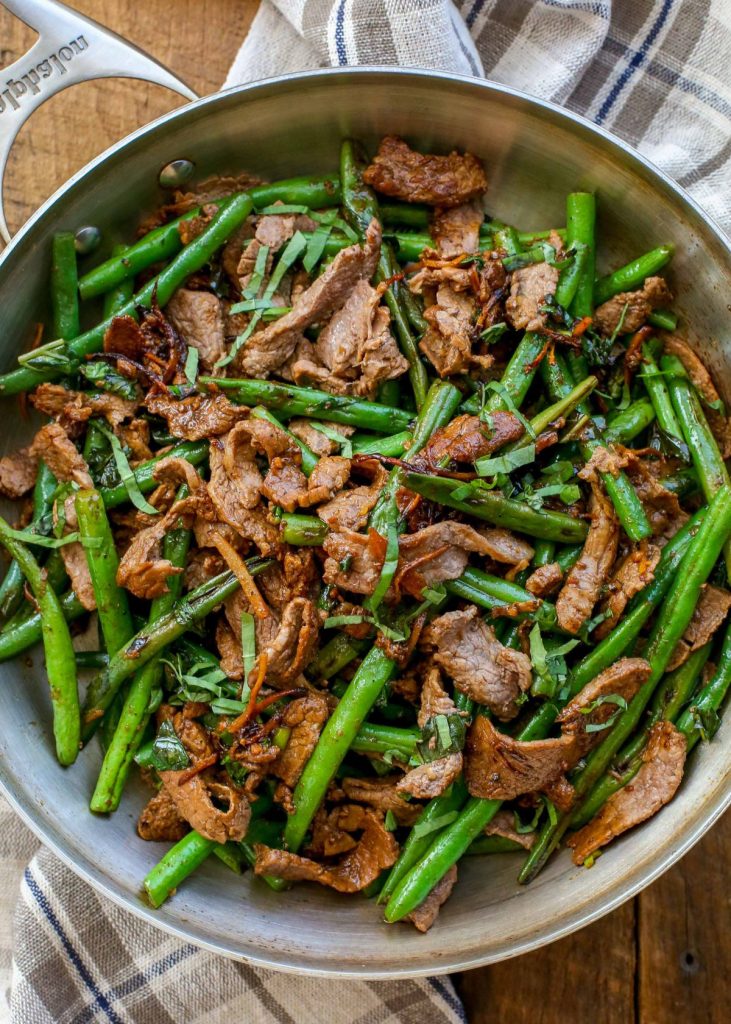 skillet with green beans and beef stir fry