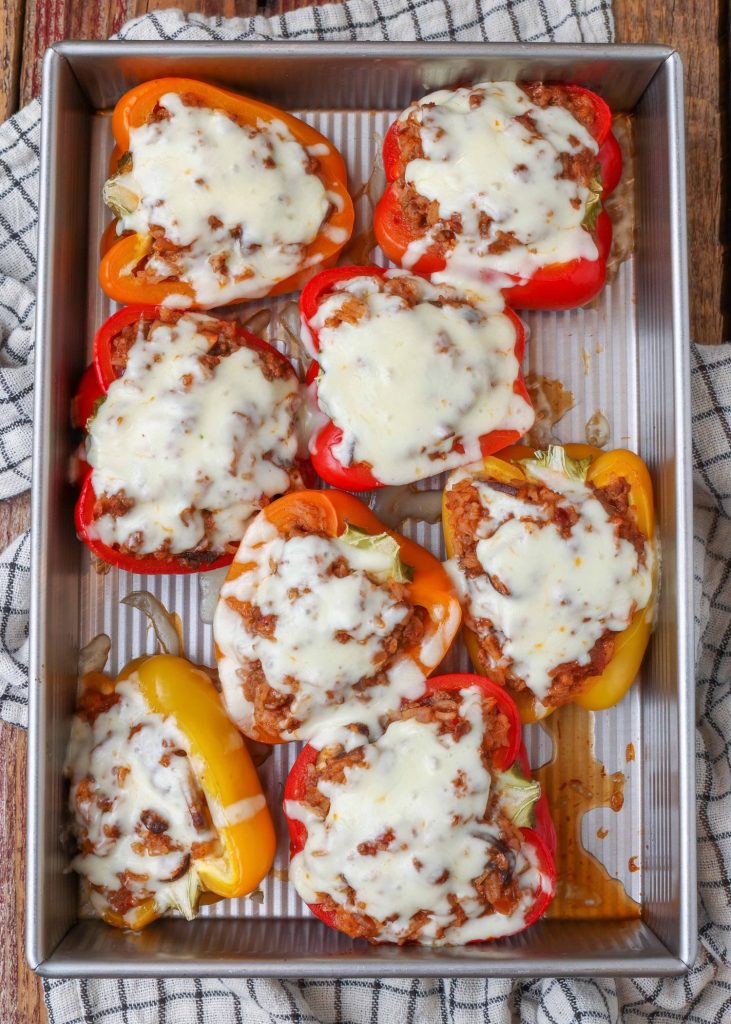 cheesy beef stuffed peppers in pan