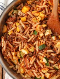 zucchini, mushrooms, sausage and penne in sauce