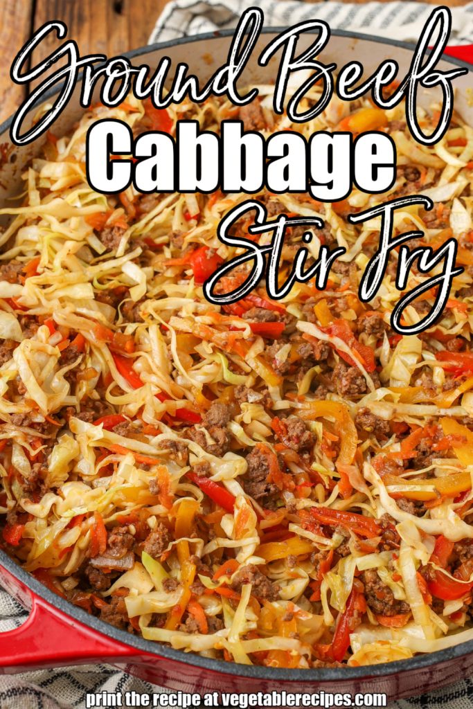 white lettering has been overlaid this image of ground beef and cabbage in a red skillet. it reads: "ground beef cabbage stir fry"