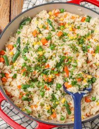 green beans, carrots, and corn are mixed into this rice skillet