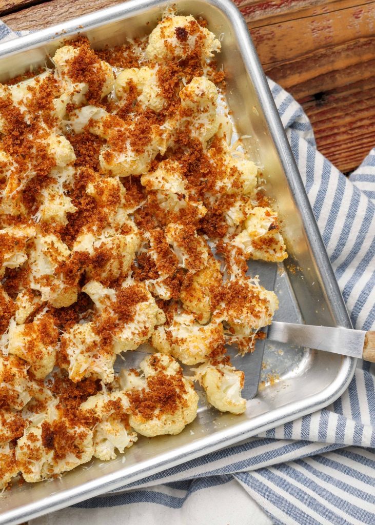 The roasted garlic parmesan cauliflower is ready to eat