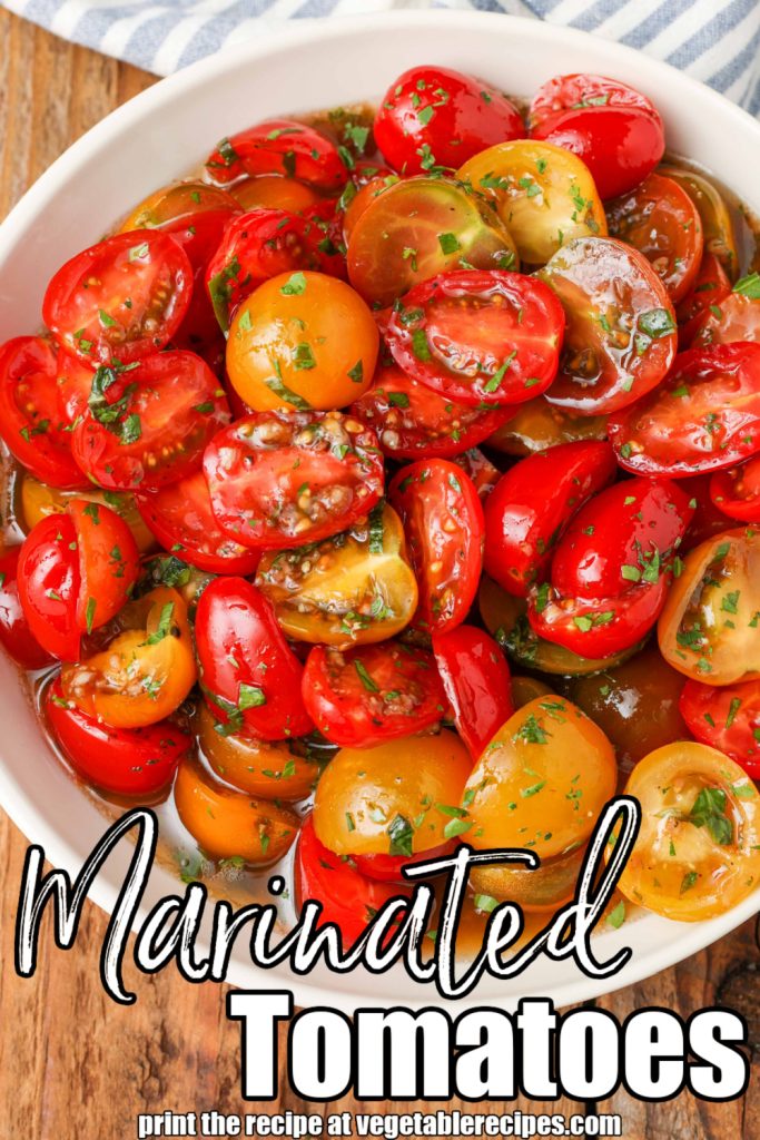 white lettering has been overlaid this image of tomatoes in a white bowl. It reads, "marinated tomatoes"