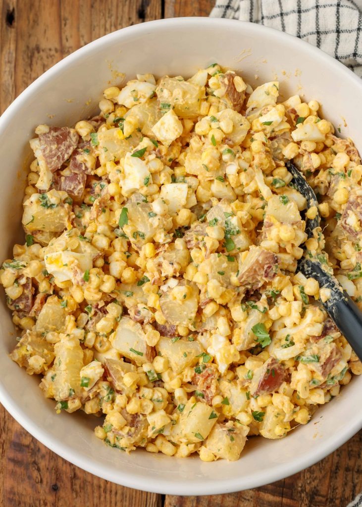 close up of Bacon Potato Salad in large mixing bowl