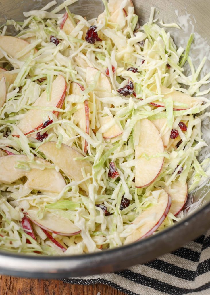 Overhead shot of sliced apples, cabbage, and cranberries in a stainless steel bowl