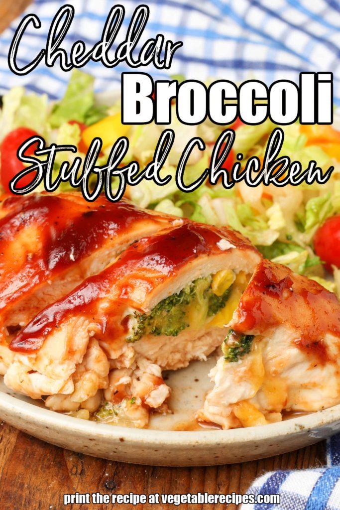 White lettering has been overlaid this image of stuffed chicken on a white plate with a blue and white tea towel in the background. it reads, "Cheddar Broccoli Stuffed Chicken".