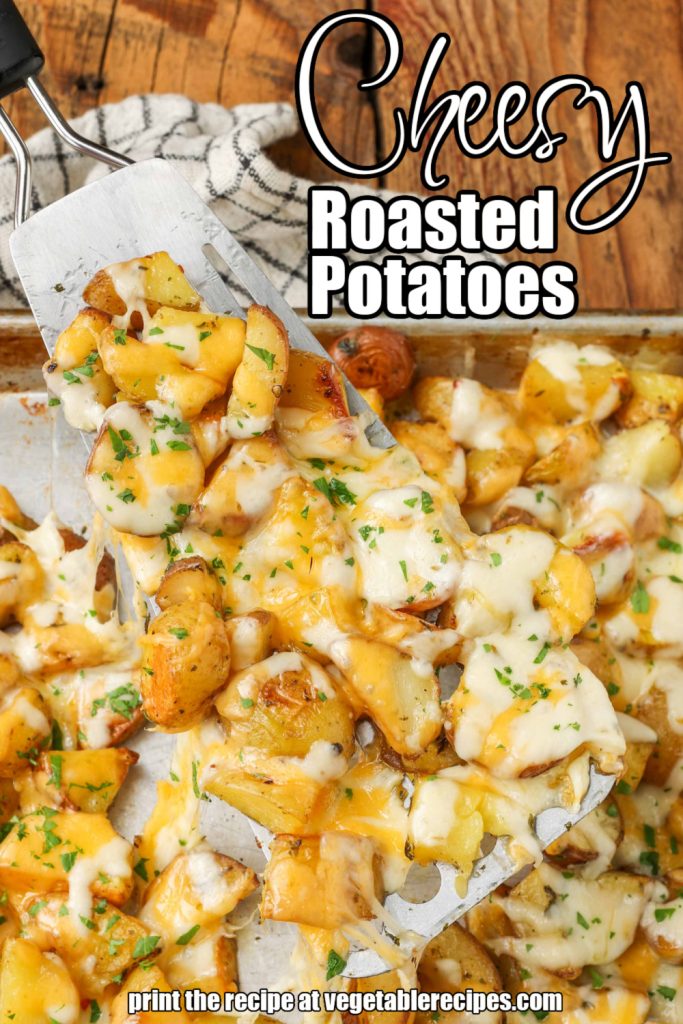 White lettering has been overlaid this image of a sheet pan loaded with cheesy roasted potatoes. It reads, "Cheesy Roasted Potatoes".