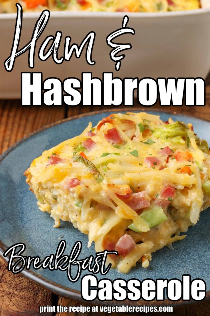 close up photo of hashbrown breakfast casserole on blue plate