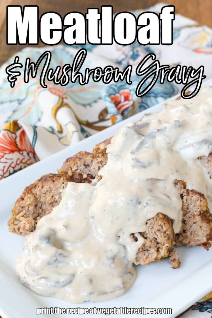 White lettering has been overlaid this image of slices of meatloaf smothered in a creamy mushroom sauce. It reads, "Meatloaf & Mushroom Gravy".