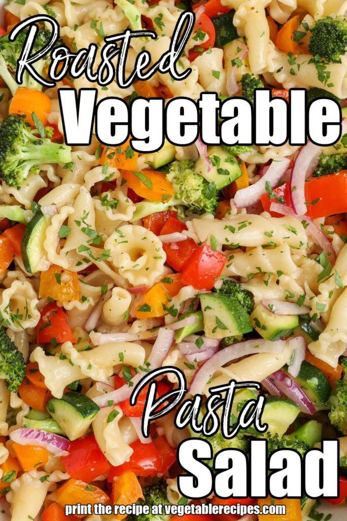 white lettering has been overlaid this close-up shot of a vegetable and noodle salad. it reads, "Roasted Vegetable Pasta Salad."