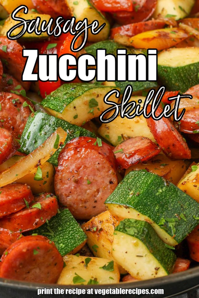 white lettering has been overlaid this close up image of sauteed sausage, peppers, and zucchini. it reads, "sausage zucchini skillet".