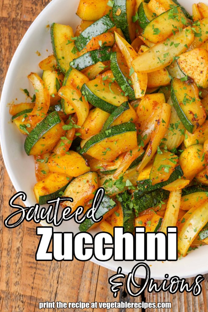 white lettering has been overlaid this top down photo of a bowl of zucchini and onions. it reads, "Sauteed Zucchini and Onions"