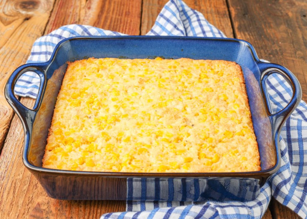 The scalloped corn is ready to eat, fresh from the oven.