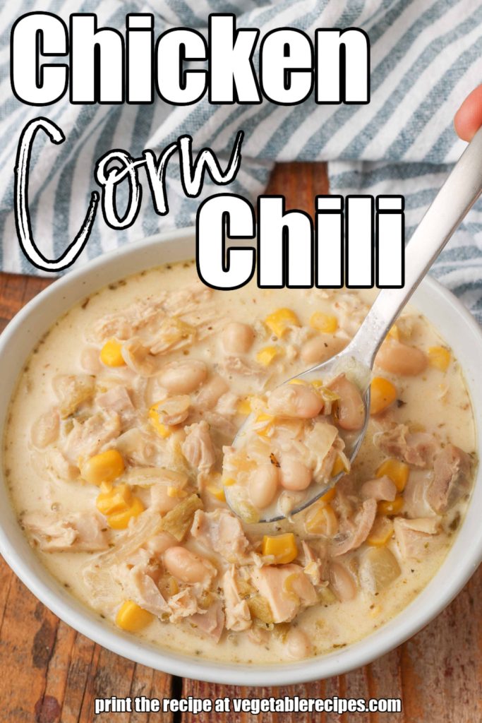 close up of spoon and bowl with Chicken Corn Chili