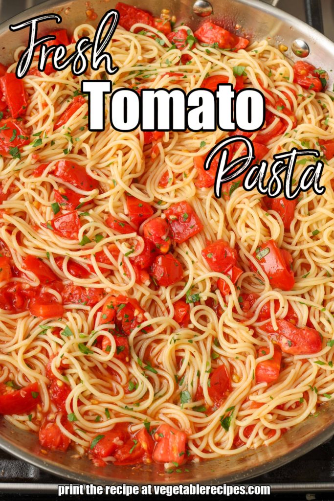 White lettering has been overlaid this image of tomato pasta in a metal pan. It reads, "Fresh Tomato Pasta".