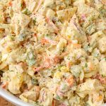 A close up shot of the Loaded Vegetable Potato Salad in the serving bowl.