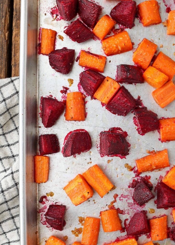 roasted beets and carrots on metal pan