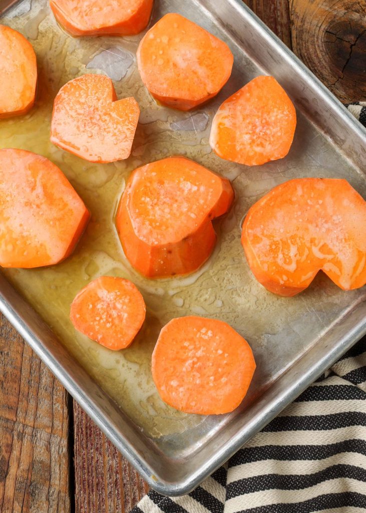 Overhead shot of sweet potatoes in pan