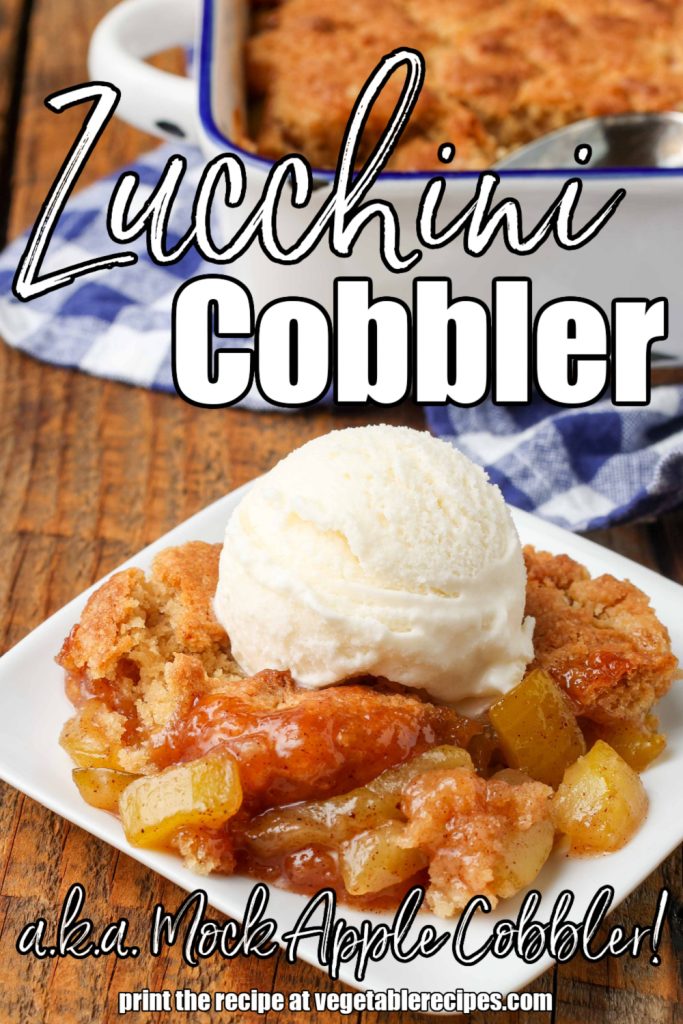 Zucchini Cobbler topped with ice cream on white plate next to blue and white checked napkin