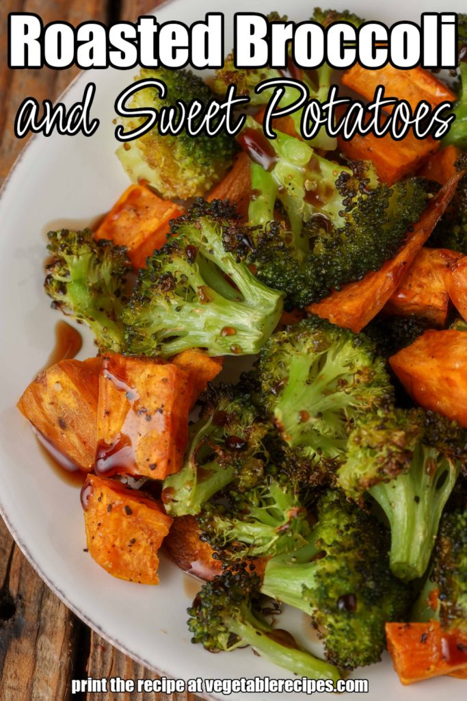 Roasted Broccoli with Sweet Potatoes on a white plate