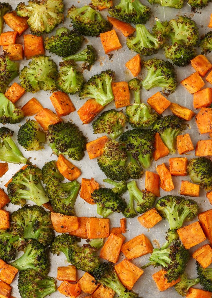 Roasted Sweet Potatoes with Broccoli on a sheet pan