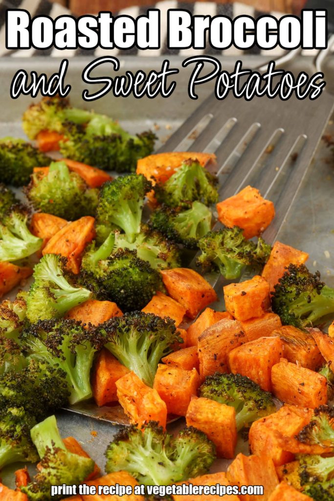 Roasted Broccoli with Sweet Potatoes on a spatula over sheet pan