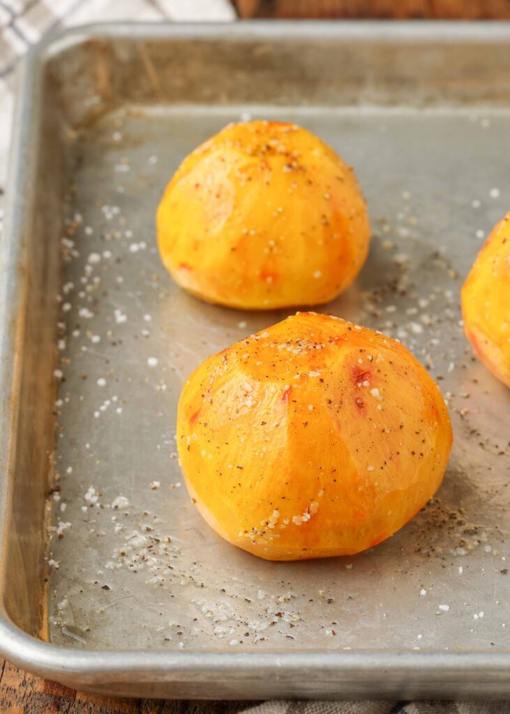 Roasted and salted golden beets in sheet pan