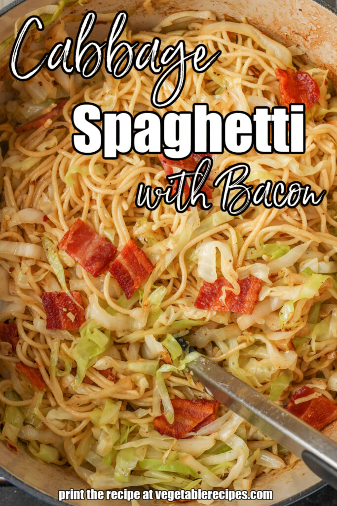 white lettering has been overlaid this image of cabbage and spaghetti with bacon pieces on top. it reads, "cabbage spaghetti with bacon".