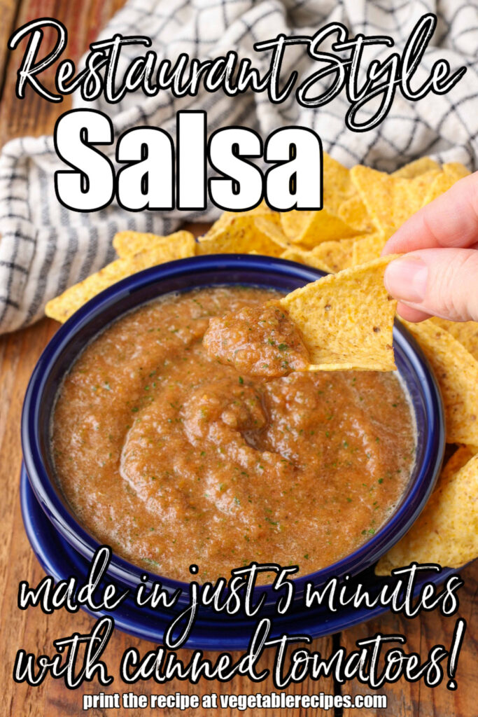 white lettering has been overlaid this image of a blue bowl containing salsa. it reads, "restaurant style salsa"
