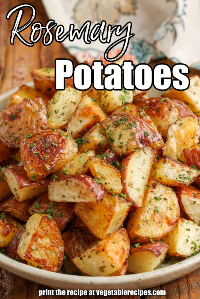White lettering has been overlaid this image of a plate laden with red potatoes. It reads, "Rosemary Potatoes"