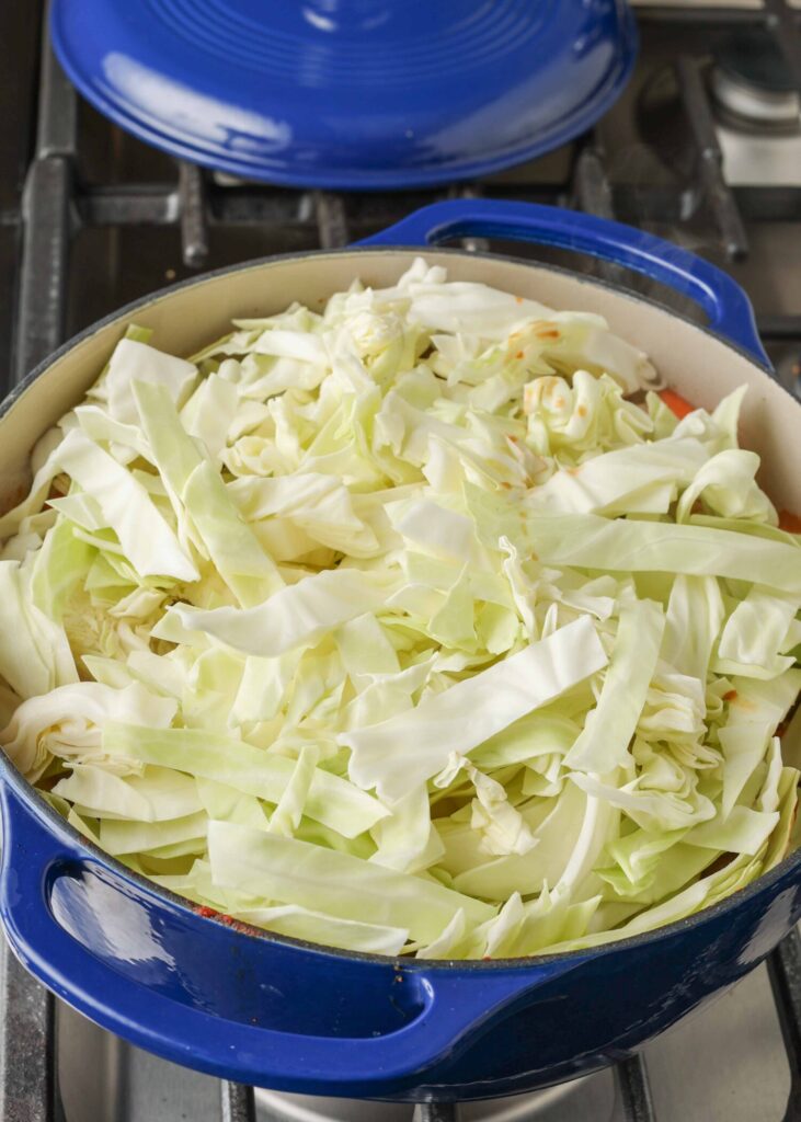 Shredded cabbage atop pot full of stew