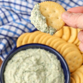 hand holding a cracker with a scoop of artichoke dip