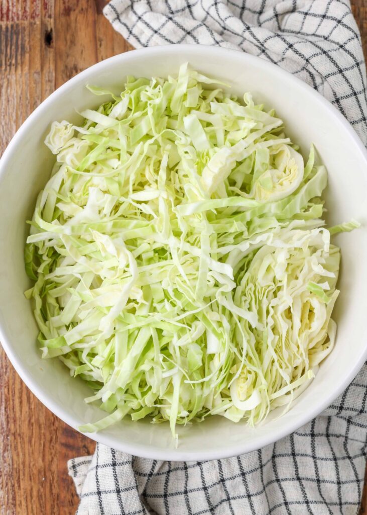 cabbage shredded in white bowl