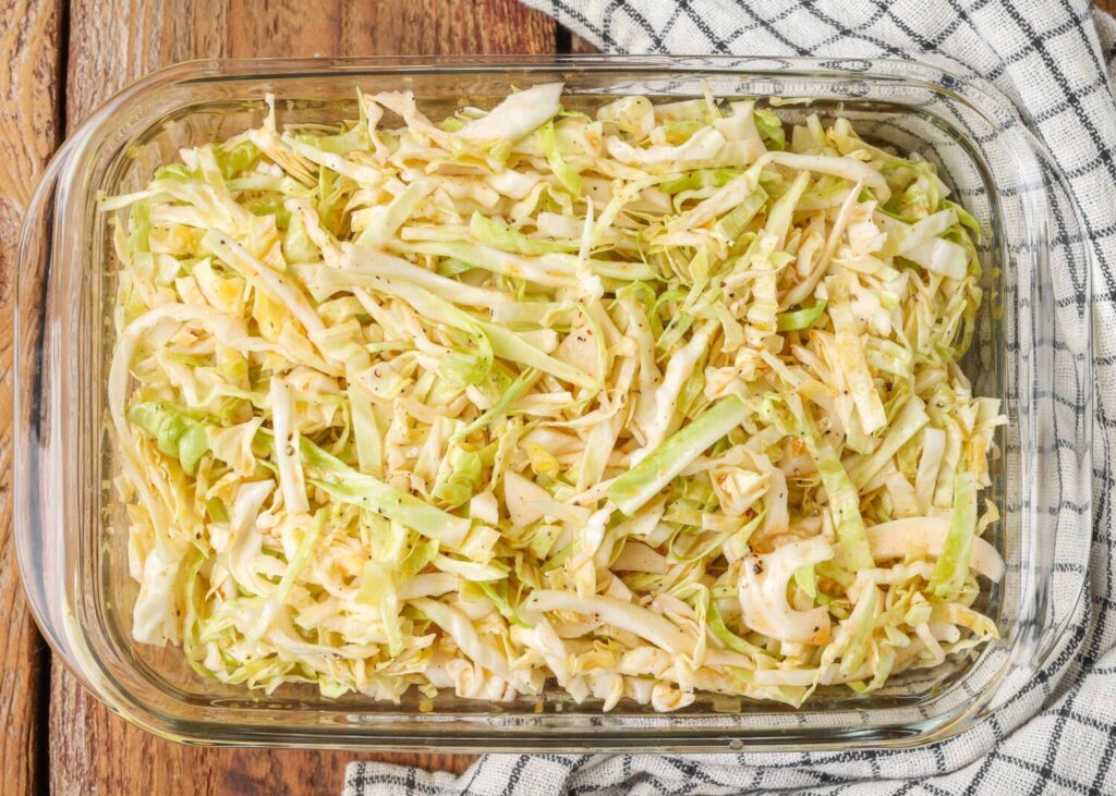 cabbage slaw in a clear rectangular dish