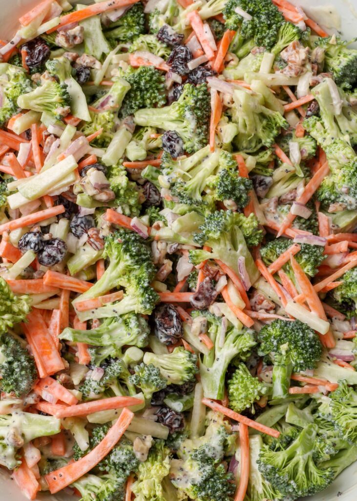 close up of salad with broccoli, carrots, red onion, cranberries, and pecans