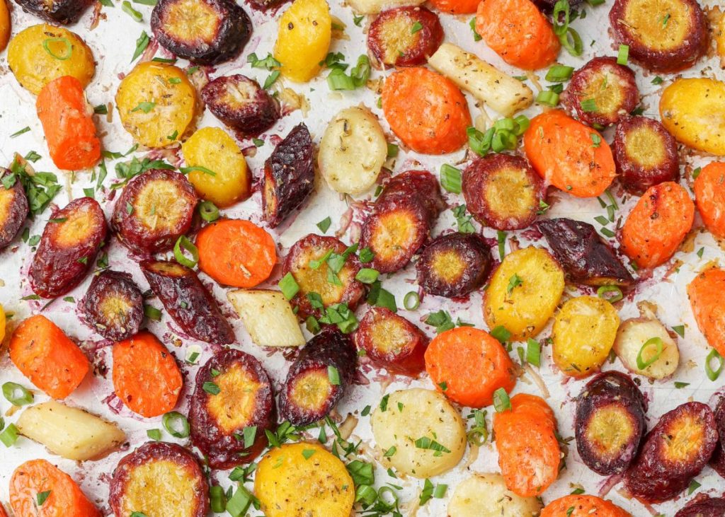 roasted rainbow carrots with garlic and parmesan