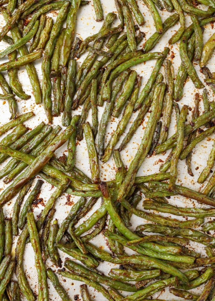 crisp, browned, oven roasted green beans