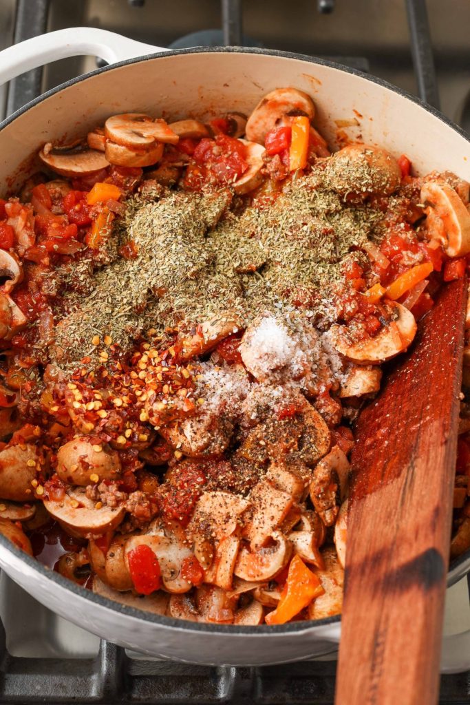 Mushrooms for spaghetti sauce in large pot