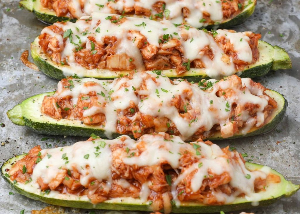 Zucchini boats filled with BBQ chicken