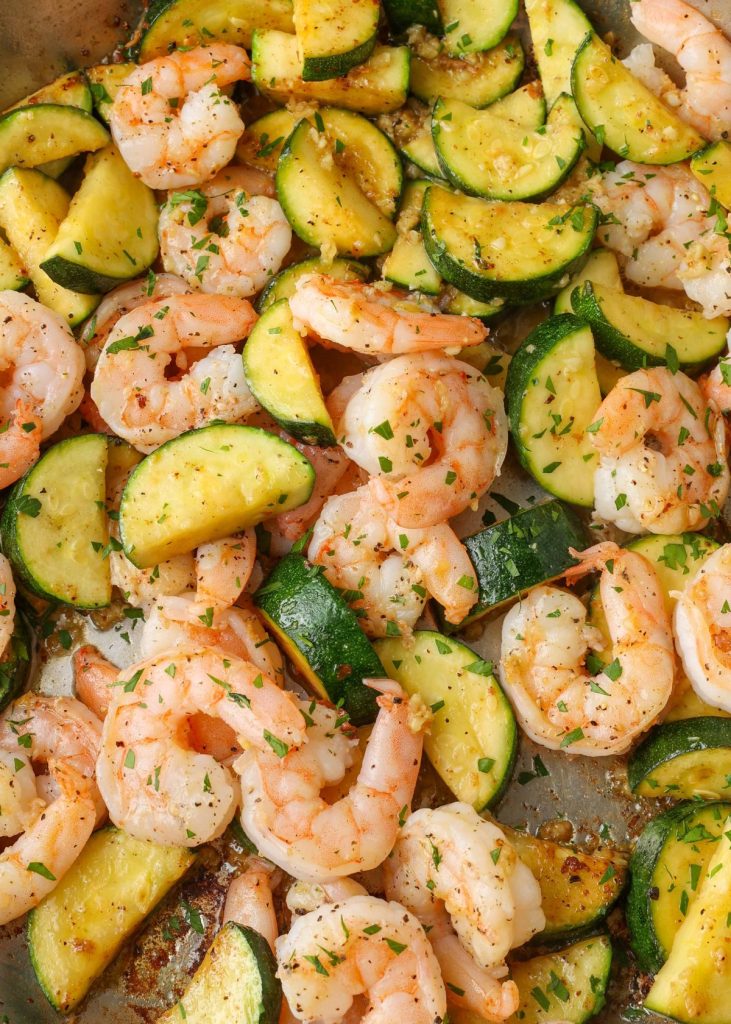 close up of Shrimp and Zucchini Stir Fry in large skillet
