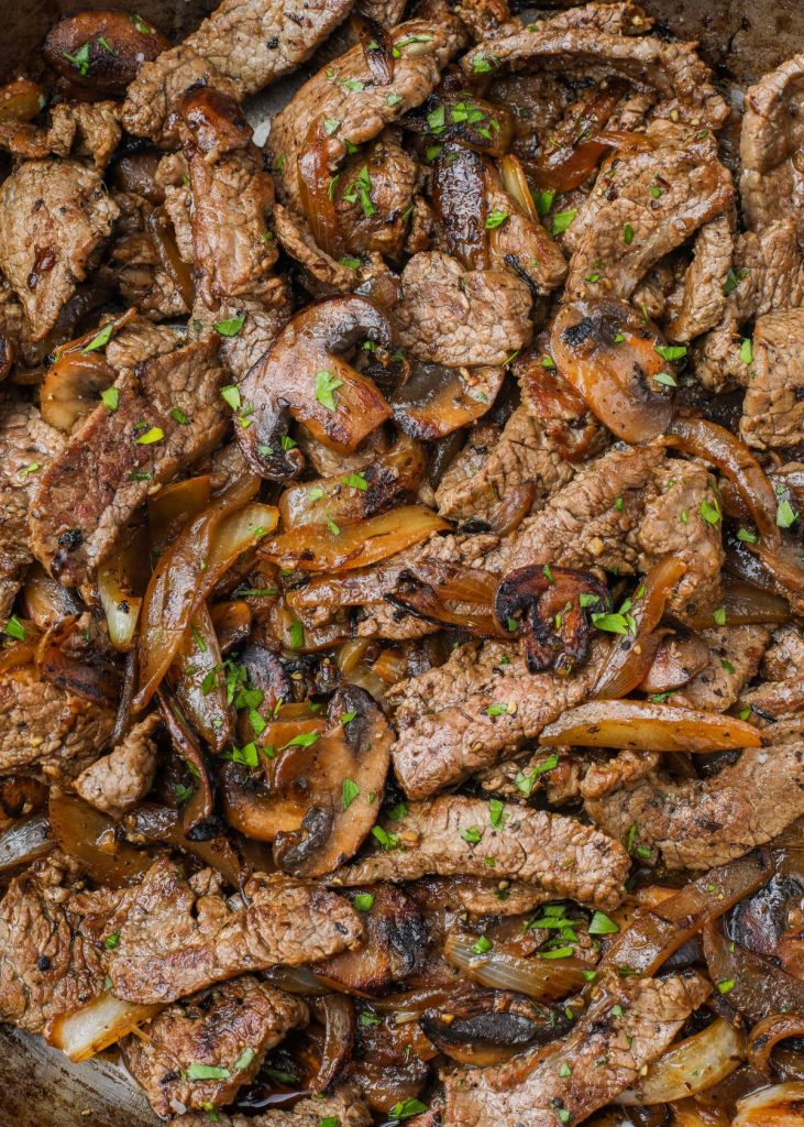 cooked steak with mushrooms