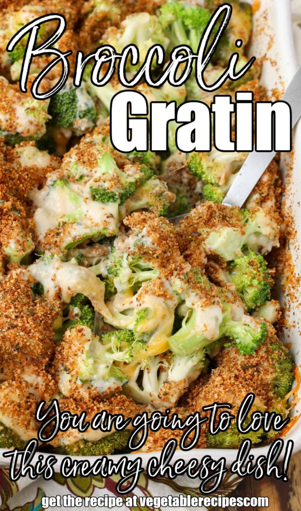 cheesy broccoli with bread crumbs in white dish with large spoon