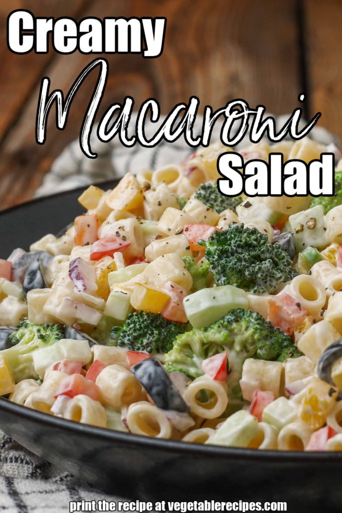 Creamy Macaroni Salad filled with bell peppers, cucumbers, olives, broccoli, and red onion